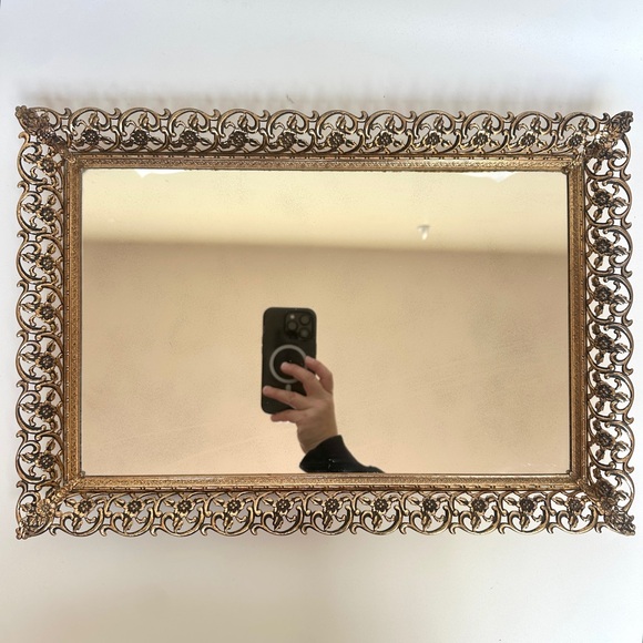 Vintage Gold Ornate Filigree Vanity Mirror Tray with Floral Border - Picture 7 of 15